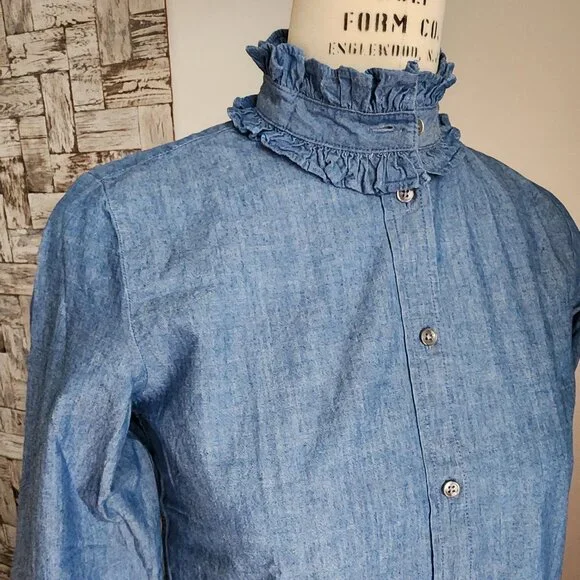 J. CREW Classic-fit Ruffleneck Chambray Shirt Size 4 - Picture 3 of 11
